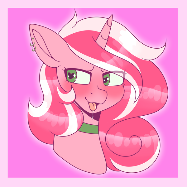 Size: 5000x5000 | Tagged: suggestive, artist:tuzz-arts, derpibooru import, oc, oc:peppy revvy, unofficial characters only, pony, unicorn, choker, drool, drool string, ear piercing, earring, heart eyes, jewelry, lidded eyes, piercing, solo, tongue out, wingding eyes