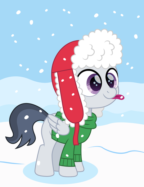 Size: 1159x1500 | Tagged: safe, artist:cloudyglow, derpibooru import, rumble, pegasus, pony, clothes, colt, cute, hat, male, movie accurate, rumblebetes, snow, snowfall, solo, sweater, tongue out, ushanka, winter