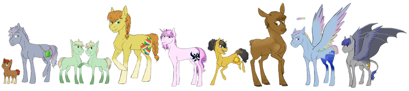 Size: 7781x1741 | Tagged: safe, artist:phobicalbino, derpibooru import, oc, oc:dust storm, oc:gingergold, oc:granite harrison rock, oc:hay bale, oc:hazelnut, oc:jonagold jam, oc:night glimmer, oc:panini patricia pie, oc:recherché, oc:thunder tantrum, unofficial characters only, bat pony, earth pony, moose, pegasus, unicorn, adopted offspring, braces, braid, braided tail, calf, colored wings, colored wingtips, colt, dawn pony, female, filly, foal, glasses, large cutie mark, leonine tail, line-up, male, mare, next generation, offspring, parent:applejack, parent:big macintosh, parent:cheese sandwich, parent:fancypants, parent:fluttershy, parent:oc:daredevil, parent:oc:rain buck, parent:pinkie pie, parent:pokey pierce, parent:rainbow dash, parent:rarity, parent:twilight sparkle, parents:canon x oc, parents:cheesepie, parents:fluttermac, parents:pokeypie, parents:raripants, raised hoof, short mane, short tail, simple background, socks (coat marking), spread wings, stallion, twins, white background, wing claws, wings