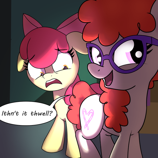 Size: 3424x3423 | Tagged: safe, artist:wenni, derpibooru import, apple bloom, twist, pony, series:pony re-watch, call of the cutie, apple bloom's bow, bow, cutie mark, dialogue, duo, female, filly, floppy ears, glasses, hair bow, lisp, open mouth, scene interpretation