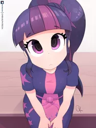 Size: 1802x2400 | Tagged: safe, artist:ohiekhe, derpibooru import, sci-twi, twilight sparkle, human, equestria girls, equestria girls series, spring breakdown, spoiler:eqg series (season 2), adorkable, clothes, cute, dork, glasses off, humanized, looking at you, looking up, missing accessory, sitting, solo, twiabetes