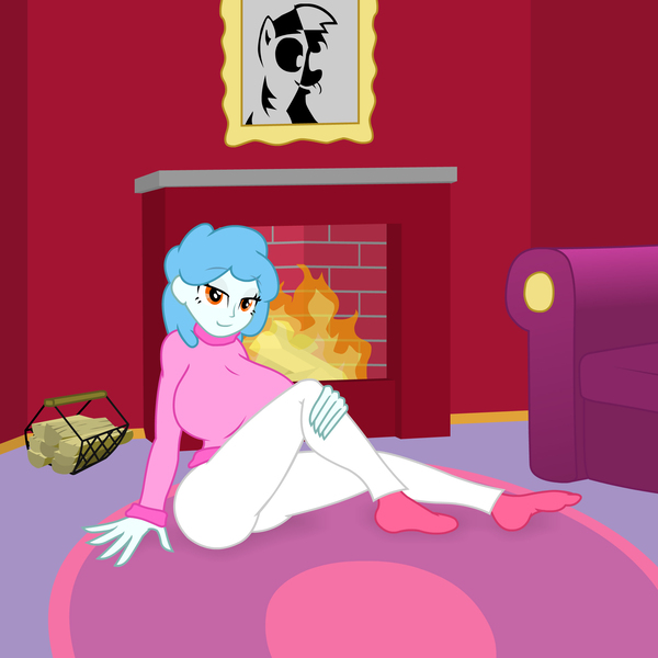 Size: 1920x1920 | Tagged: safe, artist:momoiro-kun, derpibooru import, derpy hooves, oc, oc:cloudy cuddles, unofficial characters only, equestria girls, big breasts, bottomless, breasts, clothes, equestria girls-ified, fire, fireplace, huge breasts, looking at you, no panties, no pants, partial nudity, solo, sweater