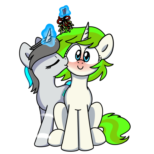 Size: 2000x2000 | Tagged: safe, artist:sugar morning, derpibooru import, oc, oc:c1t0-b0r, oc:vinyl mix, unofficial characters only, pony, robot, robot pony, unicorn, blushing, christmas, citomix, commission, couple, eyes closed, female, glow, happy, holiday, kiss on the cheek, kissing, lesbian, magic, mistletoe, oc x oc, shipping, simple background, sitting, size difference, smiling, telekinesis, transparent background