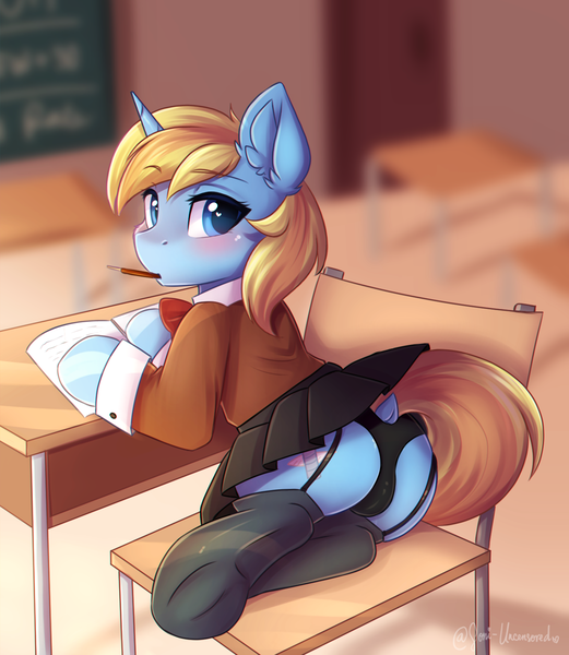 Size: 1393x1605 | Tagged: questionable, alternate version, artist:sonigiraldo, derpibooru import, oc, oc:skydreams, unofficial characters only, pony, unicorn, adorasexy, black panties, black skirt, black socks, bowtie, cameltoe, chair, clothes, cufflinks, cute, desk, ear fluff, female, garter belt, garters, heart eyes, looking at you, looking back, mare, miniskirt, ocbetes, panties, pen in mouth, pencil, pleated skirt, presenting, pretty, raised eyebrows, school, school uniform, schoolgirl, sexy, sitting, skirt, skirt lift, socks, solo, solo female, stockings, thigh highs, underwear, wingding eyes, yellow mane