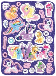 Size: 996x1356 | Tagged: safe, derpibooru import, applejack, fluttershy, pinkie pie, rainbow dash, rarity, spike, twilight sparkle, twilight sparkle (alicorn), alicorn, dragon, pony, unicorn, my little pony: the movie, accessories, cutie mark, female, good, mane seven, mane six, mare, quadrupedal spike, smiling, stars, sticker, wings