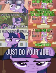 Size: 637x836 | Tagged: safe, derpibooru import, edit, edited screencap, editor:undeadponysoldier, screencap, spike, twilight sparkle, dragon, pony, unicorn, series:spikebob scalepants, angry, apple, apple tree, are you finished with those errands, caption, comic, female, food, golden oaks library, image macro, inkwell, male, mare, music notes, quill, reference, screencap comic, scroll, singing, spongebob squarepants, squid's day off, text, tree, unicorn twilight, wrong aspect ratio