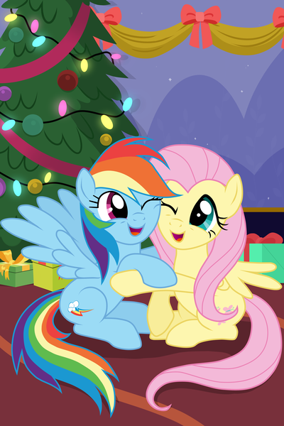 Size: 2000x3000 | Tagged: safe, artist:kabuvee, derpibooru import, fluttershy, rainbow dash, pegasus, pony, christmas, christmas lights, christmas tree, female, flutterdash, holiday, hug, lesbian, mare, one eye closed, present, shipping, show accurate, tree