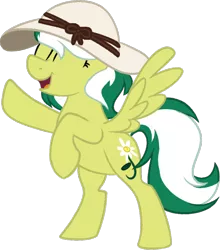 Size: 1054x1200 | Tagged: safe, artist:binkyt11, derpibooru import, oc, oc:marguerite daisy, unofficial characters only, pegasus, pony, 2020 community collab, derpibooru community collaboration, eyes closed, farmer's hat, female, hat, mare, rearing, simple background, solo, spread wings, transparent background, wings