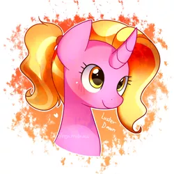 Size: 1000x1000 | Tagged: safe, artist:dddreamdraw, derpibooru import, luster dawn, pony, unicorn, the last problem, abstract background, blushing, bust, cute, lusterbetes, portrait, signature, smiling, solo