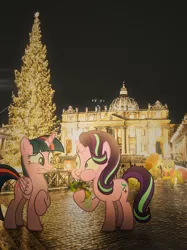 Size: 2863x3818 | Tagged: alicorn, applejack, artist:indonesiarailroadpht, cathedral, christmas, christmas tree, church, derpibooru import, editor:relapse11, fluttershy, holiday, italy, night, rome, safe, starlight glimmer, tree, twilight sparkle, twilight sparkle (alicorn), vatican, vatican city