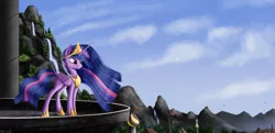 Size: 6210x3000 | Tagged: safe, artist:pony-stark, derpibooru import, princess twilight 2.0, twilight sparkle, twilight sparkle (alicorn), alicorn, pony, the last problem, absurd resolution, balcony, canterlot, crown, cutie mark, female, flowing mane, jewelry, mare, mountain, older, princess, purple eyes, regalia, scenery, sky, solo, waterfall