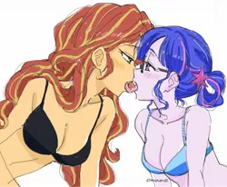 Size: 1935x1592 | Tagged: suggestive, artist:5mmumm5, derpibooru import, sci-twi, sunset shimmer, twilight sparkle, equestria girls, bedroom eyes, blushing, bra, breasts, cherry, cleavage, clothes, female, food, french kiss, kissing, lesbian, lidded eyes, looking at each other, scitwishimmer, shipping, sloppy kissing, sunsetsparkle, tongue out, underwear