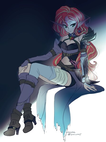 Size: 1522x2048 | Tagged: safe, artist:5mmumm5, derpibooru import, sunset shimmer, elf, human, equestria girls, armor, bandage, boots, clothes, dagger, elf ears, fantasy, fantasy class, female, high heel boots, human coloration, humanized, looking at you, midriff, shoes, sitting, sitting in the dark, solo, unicorns as elves, weapon