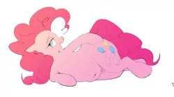 Size: 2656x1486 | Tagged: suggestive, artist:hattsy-nsfw, derpibooru import, pinkie pie, earth pony, pony, bedroom eyes, belly, belly button, chubby, fat, female, mare, open mouth, pose, pudgy pie, side, simple background, solo, solo female, white background