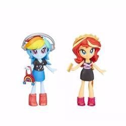 Size: 1000x1000 | Tagged: safe, derpibooru import, rainbow dash, sunset shimmer, equestria girls, bag, boots, clothes, doll, equestria girls minis, fashion squad, female, gold, headphones, minis, shoes, toy