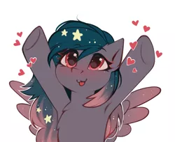 Size: 2649x2162 | Tagged: safe, alternate version, artist:rivibaes, artist:share dast, derpibooru import, oc, oc:star universe, unofficial characters only, pegasus, pony, armpits, blushing, cute, ethereal mane, female, happy, heart, hooves, hooves up, love, mare, mlem, ocbetes, open arms, silly, simple background, spread wings, starry mane, tongue out, upsies, white background, wings