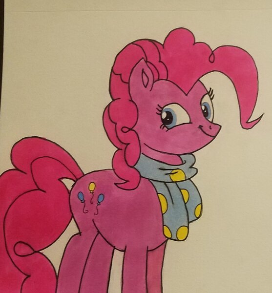 Size: 1563x1685 | Tagged: safe, artist:polar_storm, derpibooru import, pinkie pie, earth pony, pony, blue eyes, clothes, colored sketch, faic, hearth's warming, markers, scarf, simple background, smiling, smirk, solo, traditional art, twiface, white background