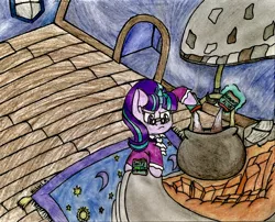 Size: 2660x2152 | Tagged: safe, artist:michaelmaddox222, deleted from derpibooru, derpibooru import, snowfall frost, starlight glimmer, pony, unicorn, a hearth's warming tail, alchemy, cauldron, clothes, glasses, solo, sprite cranberry, traditional art