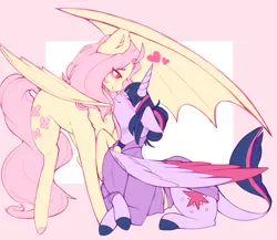 Size: 1280x1109 | Tagged: safe, artist:coonyloony, derpibooru import, fluttershy, twilight sparkle, twilight sparkle (alicorn), alicorn, bat pony, pony, vampire, vampony, abstract background, alternate hairstyle, alternate universe, bat ponified, blushing, boop, chest fluff, clothes, colored hooves, colored wings, crossed hooves, cutie mark, eye clipping through hair, eyes closed, female, flutterbat, hair bun, heart, leonine tail, lesbian, lidded eyes, long tail, mare, noseboop, one wing out, prone, race swap, raised hoof, request, shipping, smiling, sweater, sweatshirt, twishy, vampire hunter, wings