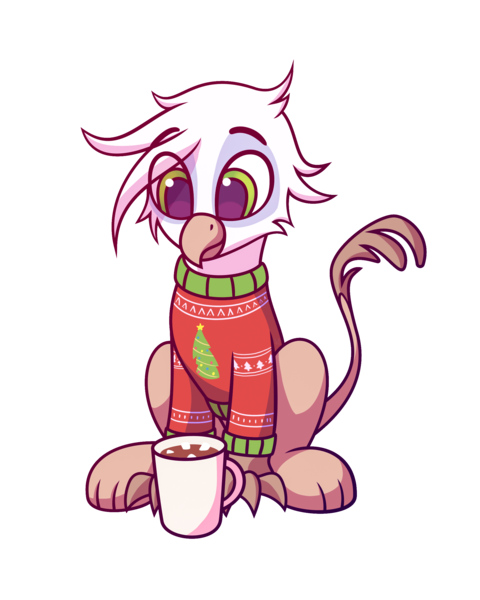 Size: 2000x2500 | Tagged: safe, artist:lollipony, derpibooru import, oc, oc:blake, unofficial characters only, gryphon, 2020 community collab, derpibooru community collaboration, chocolate, christmas sweater, clothes, commission, eye clipping through hair, food, griffon oc, hot chocolate, male, mug, simple background, sitting, solo, sweater, transparent background