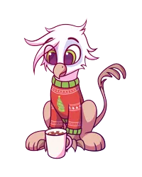 Size: 2000x2500 | Tagged: safe, artist:lollipony, derpibooru import, oc, oc:blake, unofficial characters only, gryphon, 2020 community collab, derpibooru community collaboration, chocolate, christmas sweater, clothes, commission, eye clipping through hair, food, griffon oc, hot chocolate, male, mug, simple background, sitting, solo, sweater, transparent background