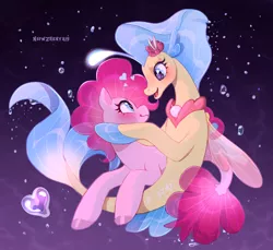 Size: 2517x2301 | Tagged: safe, artist:nsfwzhenya, derpibooru import, pinkie pie, princess skystar, earth pony, pony, seapony (g4), my little pony: the movie, blushing, eye contact, female, heart, lesbian, looking at each other, mare, one small thing, open mouth, seaponified, seapony pinkie pie, shipping, skypie, species swap, underwater, wavy mouth
