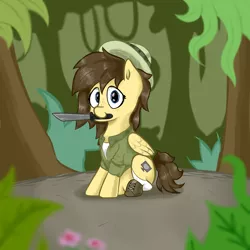 Size: 5000x5000 | Tagged: safe, artist:waffletheheadmare, derpibooru import, oc, oc:retro hearts, unofficial characters only, pegasus, pony, boots, brown hair, bush, clothes, cutie mark, female, flower, ground, hat, jungle, katana, leaves, mare, shoes, sitting, smiling, socks, solo, sword, tree, weapon, wings