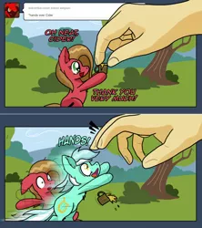 Size: 1280x1442 | Tagged: safe, artist:clouddg, derpibooru import, lyra heartstrings, oc, oc:pun, pony, ask pun, ask, cider mug, hand, humie, lyra doing lyra things, mug, that pony sure does love hands