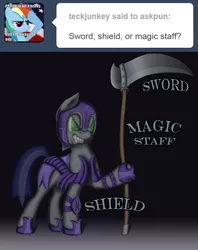 Size: 800x1009 | Tagged: safe, artist:crispokefan, derpibooru import, oc, oc:pun, pony, ask pun, agent 707, armor, ask, night guard armor, scythe, solo