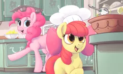 Size: 5000x3000 | Tagged: safe, artist:dimfann, derpibooru import, apple bloom, pinkie pie, earth pony, pony, series:pony re-watch, call of the cutie, adorabloom, apple bloom's bow, baking, bow, chef's hat, cute, duo, female, filly, food, hair bow, hat, high res, kitchen, lemon, mare, scene interpretation, spoon, sugarcube corner