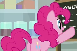 Size: 841x561 | Tagged: safe, derpibooru import, screencap, pinkie pie, earth pony, pony, the last laugh, balloonbutt, butt, chalkboard, cropped, female, mare, open mouth, plot, raised hoof, solo