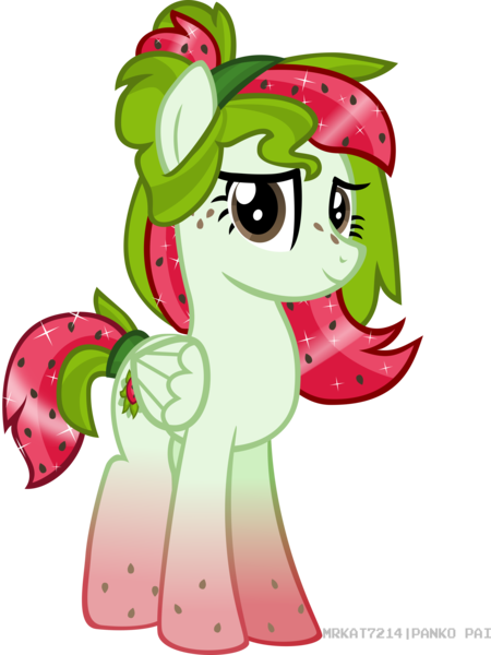 Size: 3601x4800 | Tagged: safe, artist:mrkat7214, derpibooru import, oc, oc:watermelana, unofficial characters only, pegasus, pony, birthday gift, female, food, gradient hooves, high res, looking at you, mare, simple background, solo, transparent background, vector, watermelon