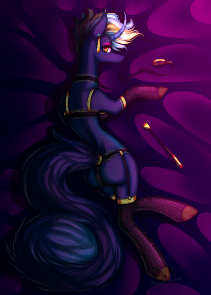 Size: 1656x2310 | Tagged: suggestive, artist:system-destroyer, derpibooru import, oc, unofficial characters only, anthro, unguligrade anthro, unicorn, anthro oc, arm hooves, bra, breasts, clothes, collar, female, fishnets, garters, leash, mare, panties, riding crop, socks, solo, solo female, stockings, thigh highs, underwear