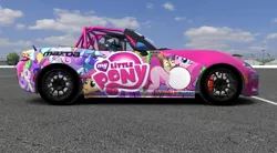 Size: 1890x1045 | Tagged: safe, derpibooru import, applejack, derpy hooves, gummy, owlowiscious, pinkie pie, scootaloo, spike, sweetie belle, trixie, bird, dragon, owl, pony, car, female, itasha, male, mare, mazda, mazda mx5, my little pony logo, real life background, real life scenery