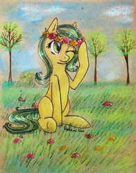 Size: 2006x2560 | Tagged: artist:0okami-0ni, derpibooru import, floral head wreath, flower, oc, safe, solo, traditional art, tree, unofficial characters only, wreath