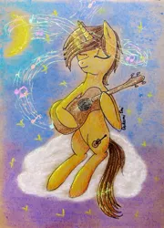 Size: 2011x2798 | Tagged: artist:0okami-0ni, cloud, derpibooru import, guitar, musical instrument, music notes, oc, safe, solo, traditional art, unofficial characters only