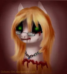 Size: 2684x3000 | Tagged: grimdark, artist:0okami-0ni, derpibooru import, oc, oc:leify, pony, amulet, blood, decapitated, glasses, jewelry, severed head, solo