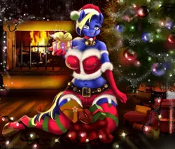 Size: 1280x1092 | Tagged: safe, artist:mdwines, derpibooru import, anthro, earth pony, chimney, christmas, christmas lights, christmas tree, clothes, collar, commission, costume, fire, fireplace, gift wrapped, hat, holiday, image, jpeg, new year, party, present, santa costume, santa hat, socks, stockings, thigh highs, tree, ych result