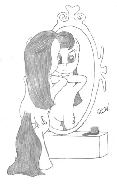 Size: 550x878 | Tagged: safe, artist:quint-t-w, derpibooru import, octavia melody, earth pony, pony, bipedal, bowtie, brush, dexterous hooves, mirror, old art, pencil drawing, simple background, solo, traditional art, white background