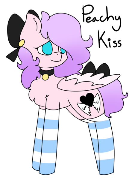 Size: 2112x2874 | Tagged: safe, artist:peachykissies, derpibooru import, oc, oc:peachy kiss, unofficial characters only, pegasus, pony, pony town, blue eyes, bow, choker, clothes, cute, gradient mane, hair bow, long mane, short tail, shy, simple background, socks, solo, striped socks, tail bow, thigh highs, transparent background