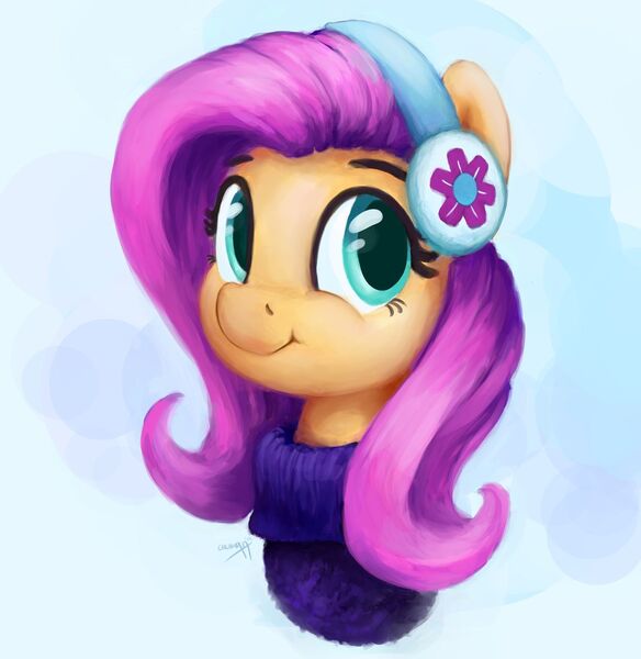 Size: 1280x1314 | Tagged: safe, artist:aemantaslim, derpibooru import, fluttershy, pegasus, pony, abstract background, bust, clothes, cute, earmuffs, female, looking at you, mare, portrait, shyabetes, smiling, solo, sweater, sweatershy, three quarter view, winter outfit