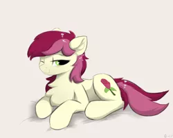 Size: 600x477 | Tagged: source needed, safe, artist:d.w.h.cn, derpibooru import, roseluck, earth pony, pony, chest fluff, cute, cuteluck, female, mare, one eye closed, prone, simple background, solo
