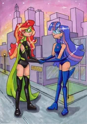 Size: 871x1234 | Tagged: safe, artist:gucku, derpibooru import, sunset shimmer, twilight sparkle, human, female, giantess, humanized, lesbian, macro, magic gaia, shipping, sunsetsparkle, superhero