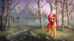 Size: 1920x1080 | Tagged: safe, artist:smg11-on-ddjrb, derpibooru import, fluttershy, butterfly, pegasus, pony, birch, female, flower, forest, looking at something, mare, mountain, outdoors, raised hoof, river, scenery, solo, stream, tree