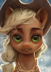 Size: 850x1200 | Tagged: safe, artist:assasinmonkey, derpibooru import, applejack, earth pony, pony, the last problem, cowboy hat, female, freckles, granny smith's scarf, hat, looking at you, mare, oh god the eyes, older, older applejack, solo, stetson, uncanny valley