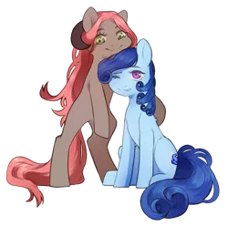 Size: 1000x992 | Tagged: safe, artist:dagmell, derpibooru import, oc, oc:luurei, oc:raylanda, unofficial characters only, earth pony, pony, 2020 community collab, derpibooru community collaboration, cute, female, hug, looking at you, mare, one eye closed, simple background, smiling, transparent background