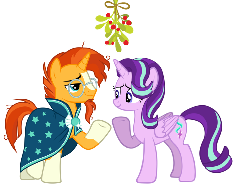 Size: 1604x1272 | Tagged: safe, artist:dashievectors9000, artist:uigsyvigvusy, derpibooru import, starlight glimmer, sunburst, alicorn, pony, unicorn, alicornified, christmas, female, holiday, male, mistleholly, mistletoe meme, race swap, shipping, starburst, starlicorn, straight, xk-class end-of-the-world scenario