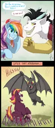 Size: 703x1622 | Tagged: safe, artist:hazurasinner, derpibooru import, oc, oc:bing cherry, oc:prince pandemonium, oc:windy belle, unofficial characters only, bat, draconequus, earth pony, hybrid, pegasus, pony, comic, draconequus oc, female, interspecies offspring, magical lesbian spawn, male, mare, multicolored hair, next generation, offspring, parent:big macintosh, parent:cheerilee, parent:discord, parent:fluttershy, parent:princess celestia, parent:rainbow dash, parents:cheerimac, parents:dislestia, parents:flutterdash, prank, rainbow hair, scared, screaming, shapeshifting, stallion, toothy grin