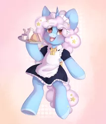 Size: 2173x2535 | Tagged: alicorn, alicorn oc, artist:adostume, blushing, cake, clothes, cookie, cup, derpibooru import, eyes open, fangs, female, food, horn, maid, mare, mare only, oc, oc:sleepyhead, open mouth, safe, semi-anthro, serving tray, simple background, solo, teacup, teapot, unofficial characters only, wings