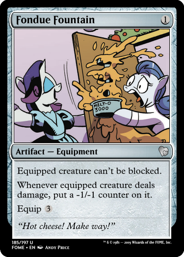 Size: 375x523 | Tagged: safe, artist:andypriceart, derpibooru import, edit, idw, rarity, earth pony, unicorn, spoiler:comic, ccg, cheese, clothes, door, dress, fondue, food, imminent disaster, magic the gathering, this will end in pain, trading card, trading card edit